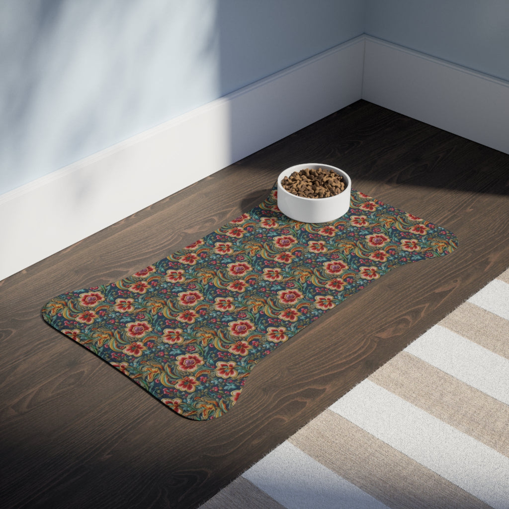 Crimson Blossoms on Teal Vintage Brocade Pattern - Pet Feeding Mat Pet Ze