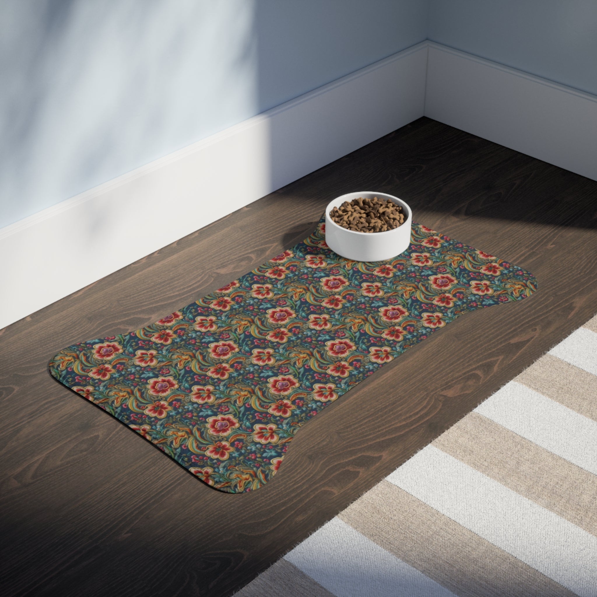 Crimson Blossoms on Teal Vintage Brocade Pattern - Pet Feeding Mat Pet Ze