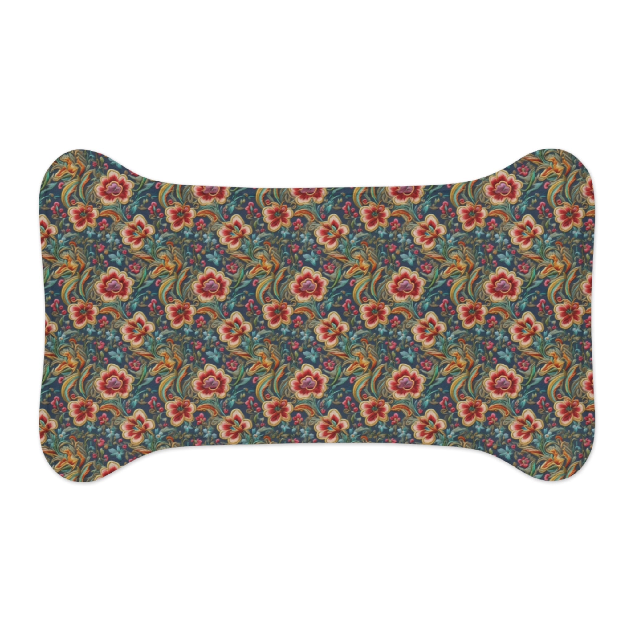 Crimson Blossoms on Teal Vintage Brocade Pattern - Pet Feeding Mat Pet Ze
