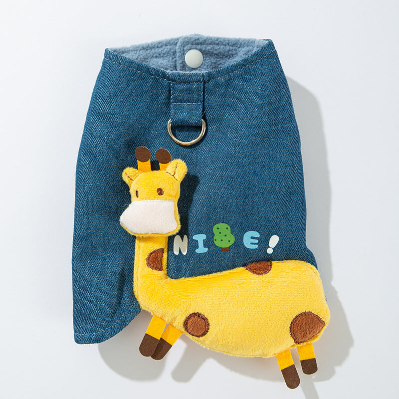 3D Deer Denim Pet Vest, Warm Fleece Lined Pullover For Small Dogs Cats, Winter Costume With Leash Hoo