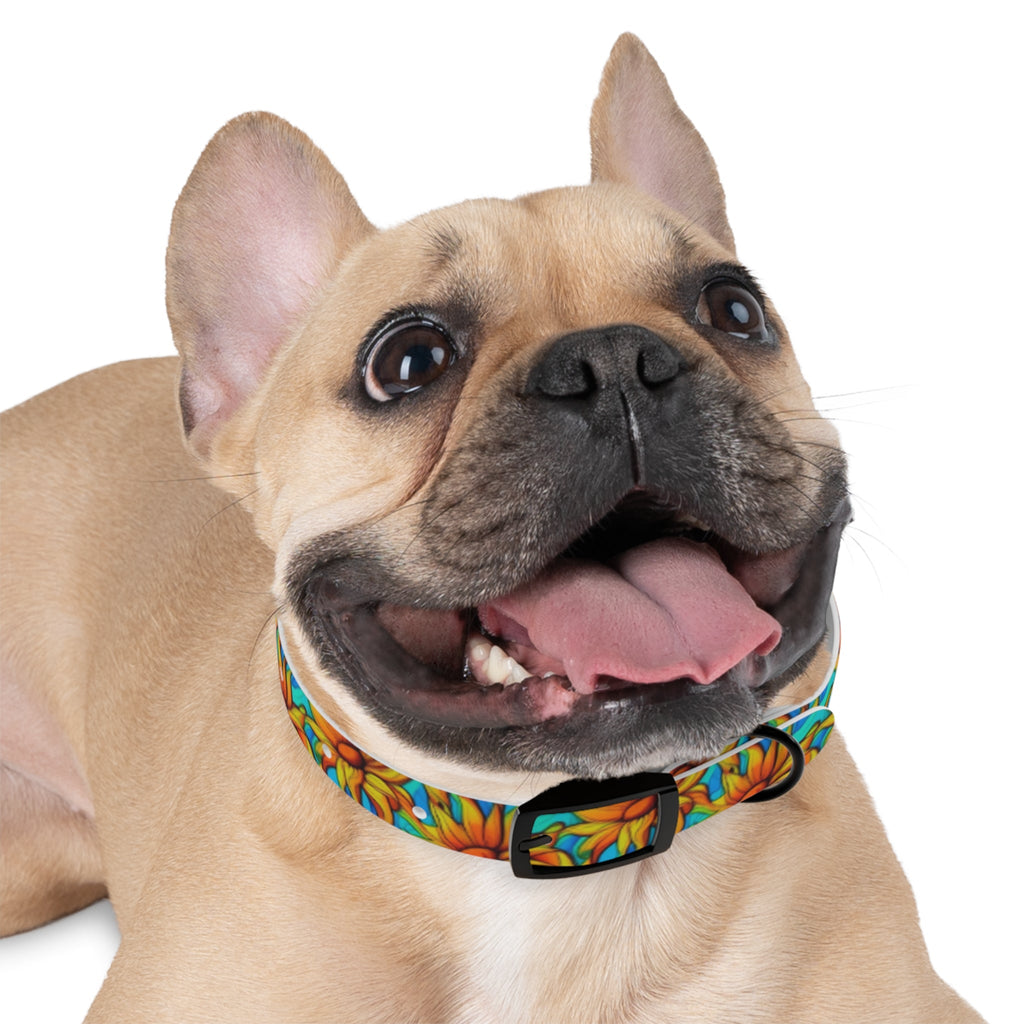 Sunflower Kaleidoscope on Turquoise Waves - Pet Collar Pet Zen