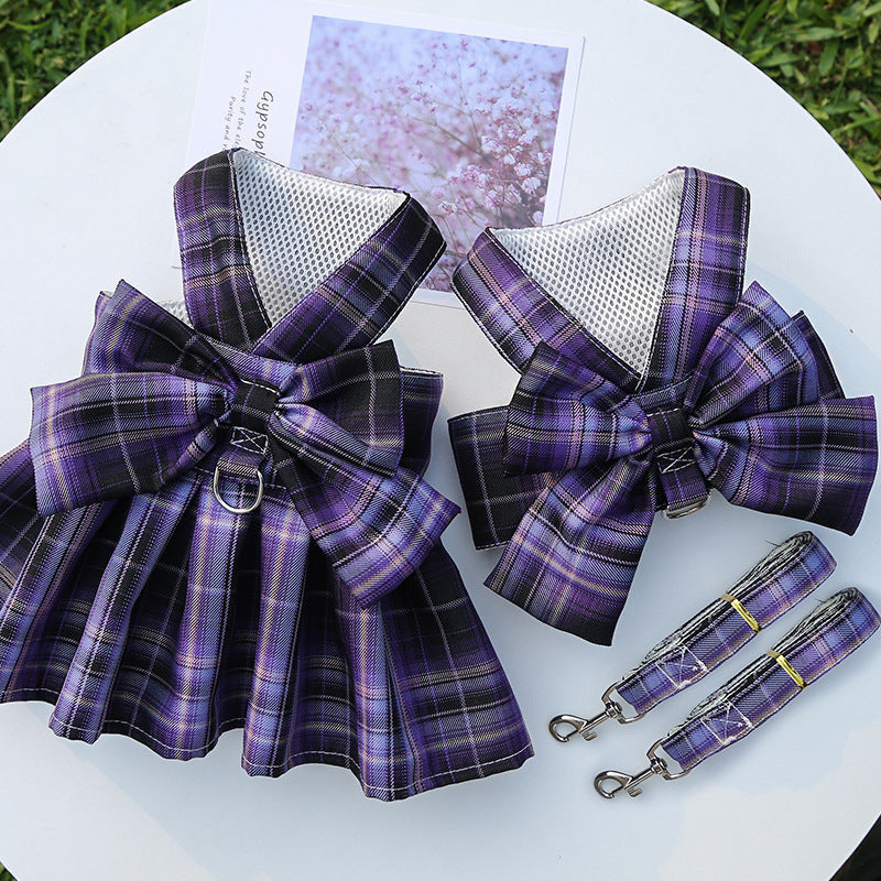 Pet Plaid Skirt Chest Strap Hand Holding Rope