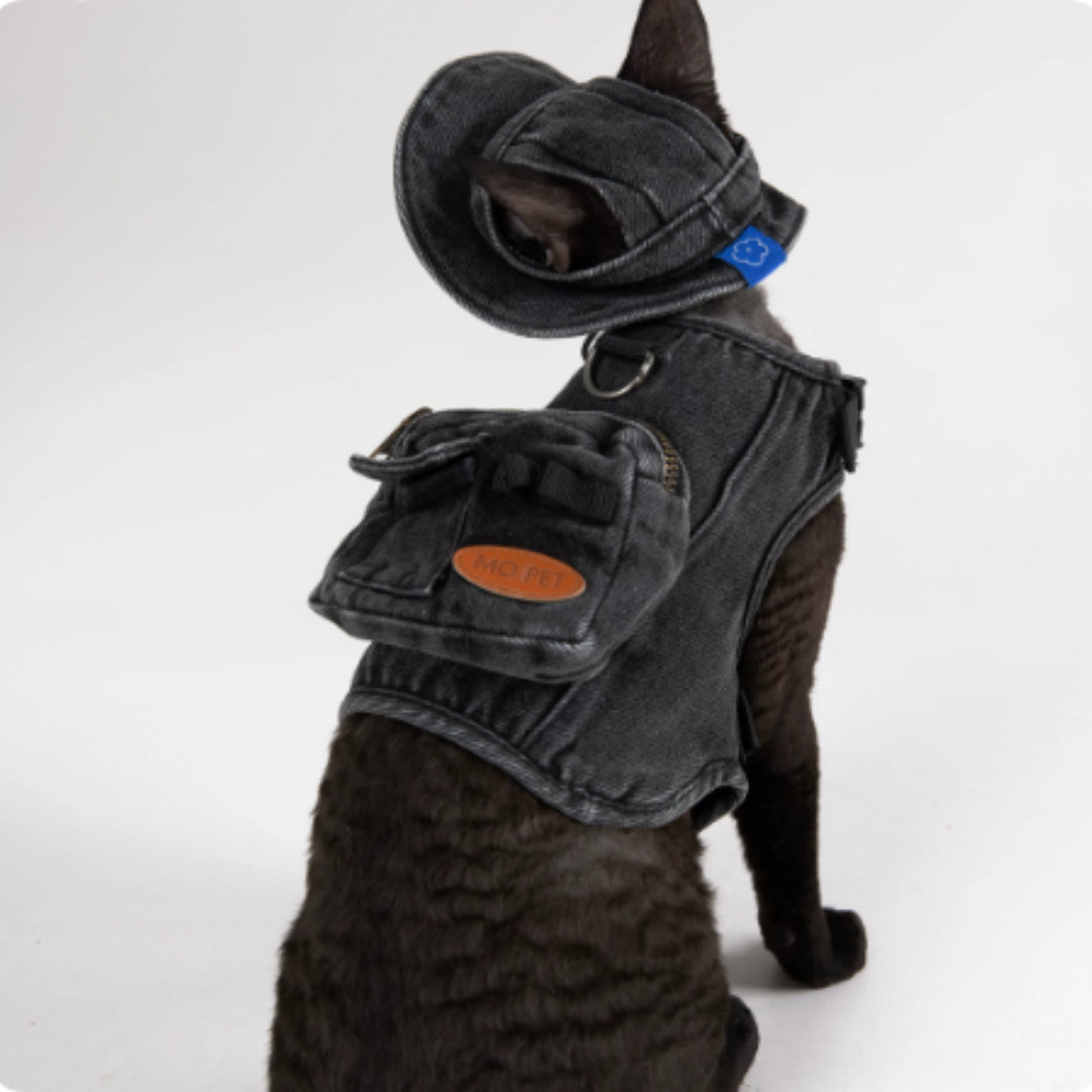 Adjustable Traction Vest And Fisherman's Hat Set For Walking A Cat In Devon.