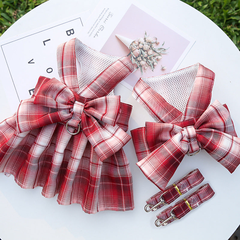 Pet Plaid Skirt Chest Strap Hand Holding Rope