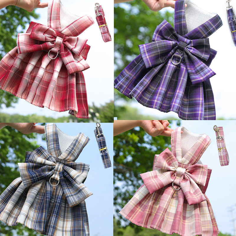 Pet Plaid Skirt Chest Strap Hand Holding Rope