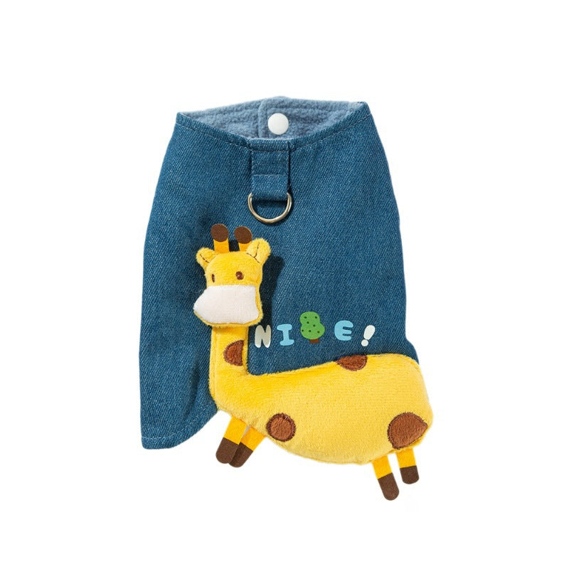 3D Deer Denim Pet Vest, Warm Fleece Lined Pullover For Small Dogs Cats, Winter Costume With Leash Hoo