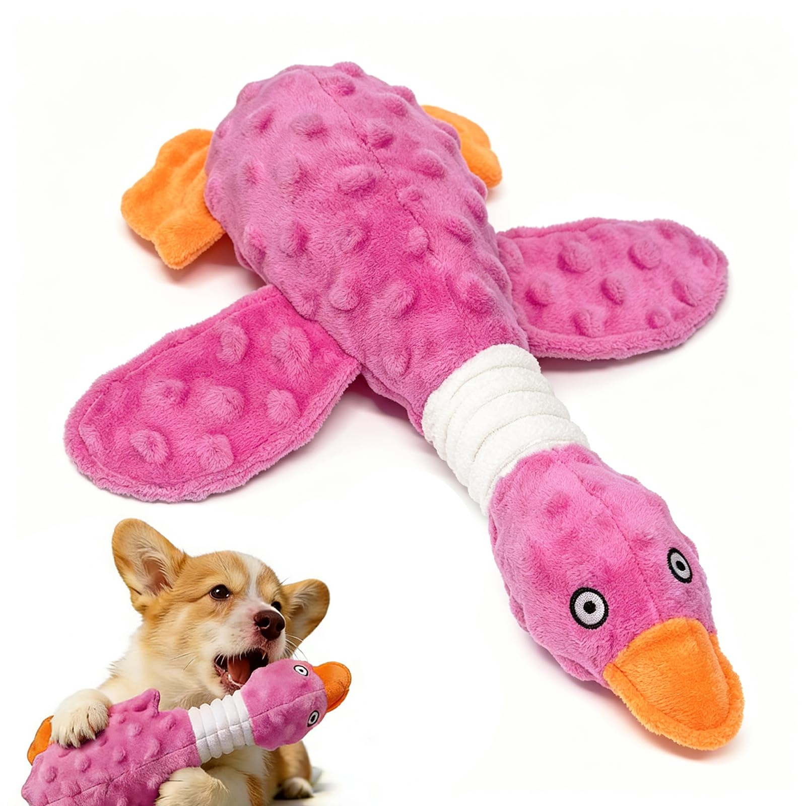 Squeaky Dog Toys For Aggressive Chewers, Durable Stuffed Animal Plush Dog Toy With Soft Fabric For Large, Medium & Small Dogs, Interactive Puppy Chew Toy For Teething, Crinkle Duck Dog Toy - Pink