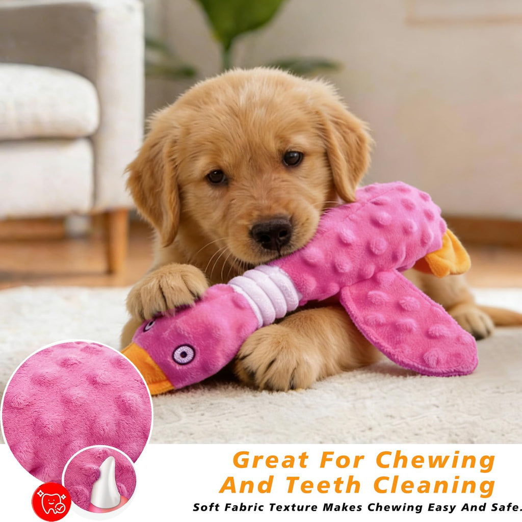 Squeaky Dog Toys For Aggressive Chewers, Durable Stuffed Animal Plush Dog Toy With Soft Fabric For Large, Medium & Small Dogs, Interactive Puppy Chew Toy For Teething, Crinkle Duck Dog Toy - Pink